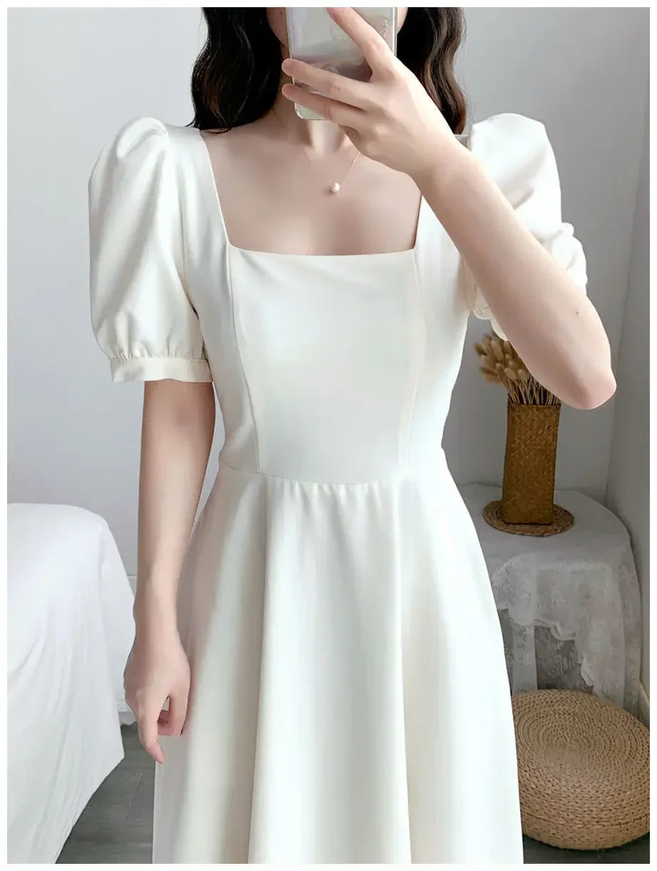 Slim Fit Women White Dress Bubble Sleeve Square Neck Light Wind Style Long Skirt Summer Casual Korean Style dresses for women