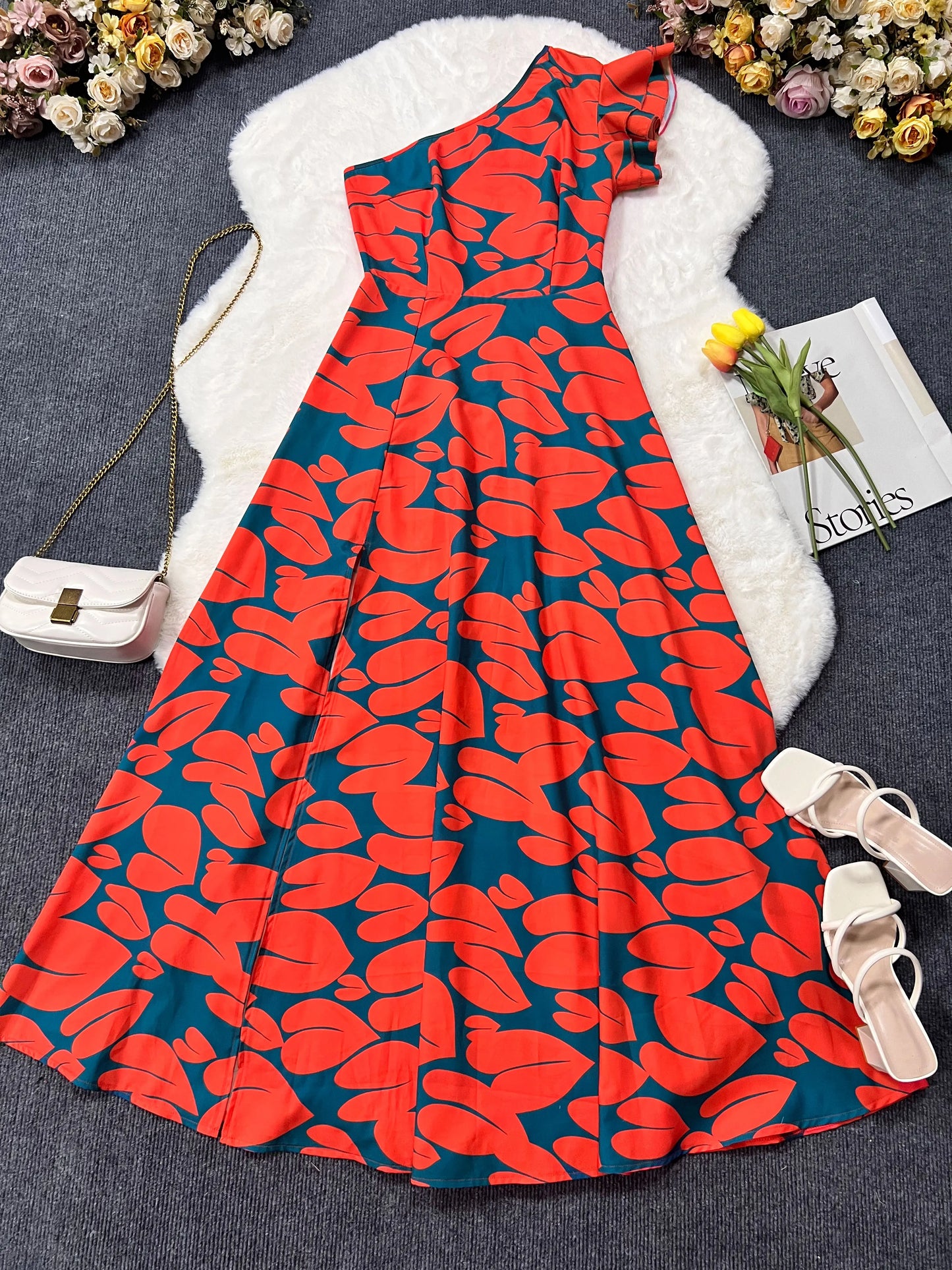 Women's Elegant Floral Printed Long Dresses, Casual Strapless, A Line Dresses, Ladies Side Split, Summer