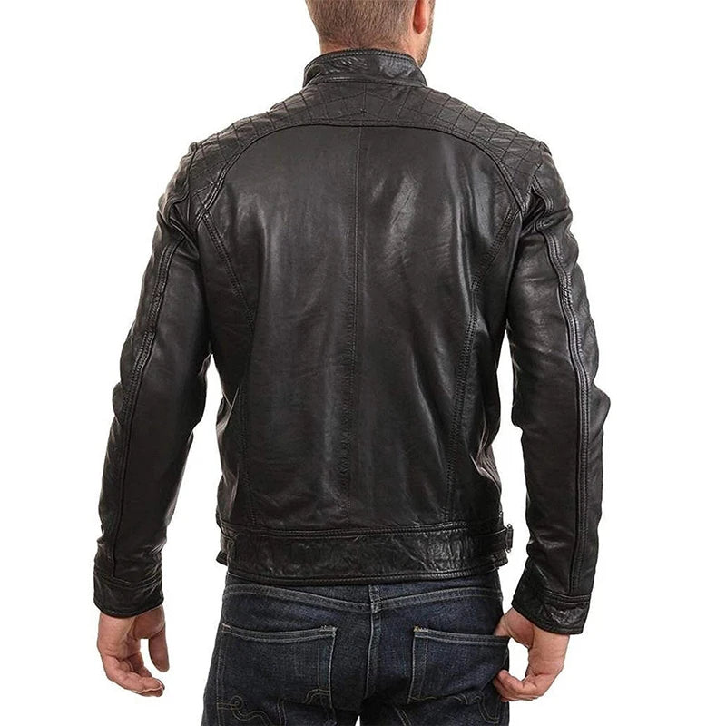 Chaqueta de cuero retro para hombre, chaqueta de motociclista con cuello alto, abrigo entallado con múltiples bolsillos, ropa de abrigo para otoño e invierno