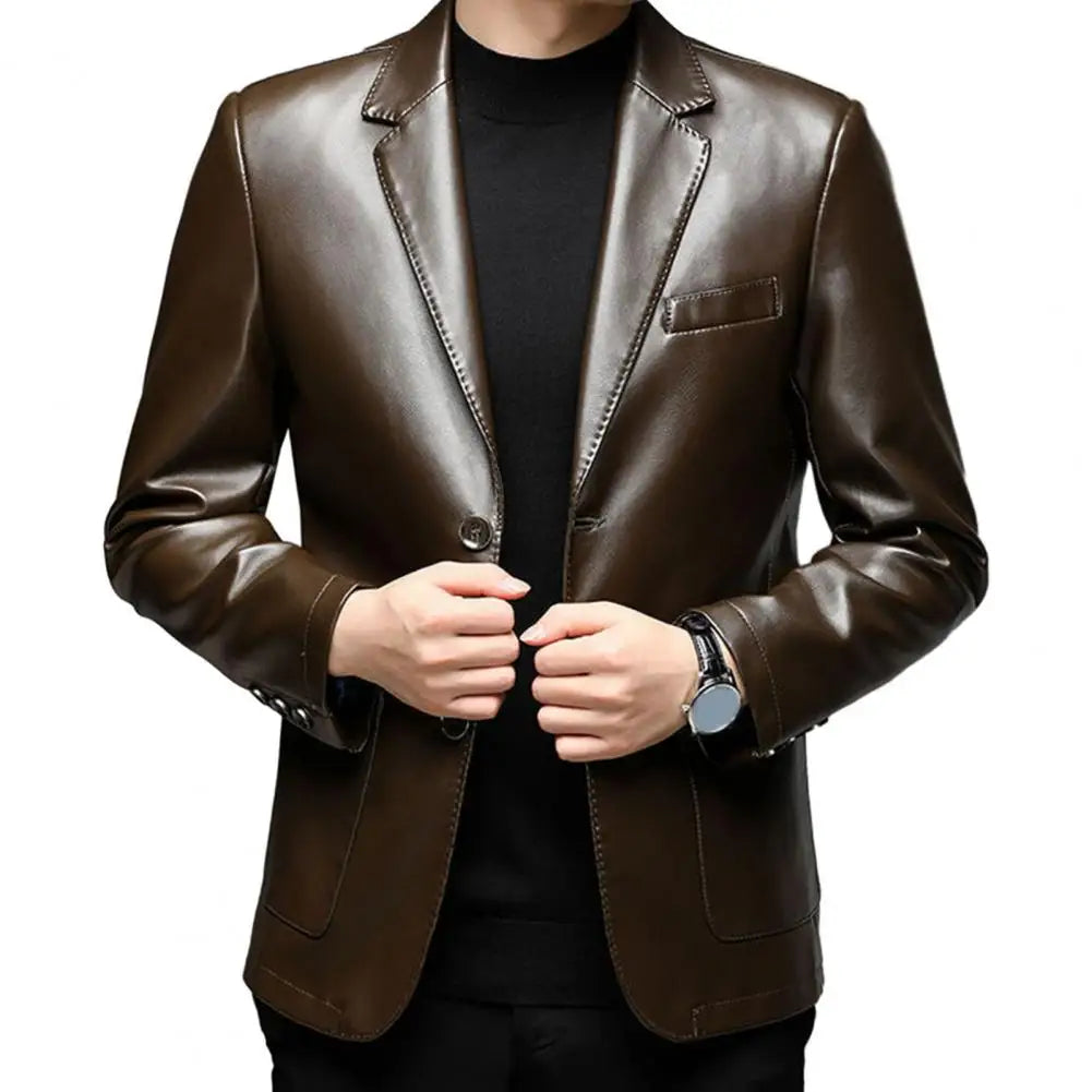Men Jacket with Button Decoration Long-lasting Wear Men Jacket Stylish Lapel Collar Men's Leather Jacket