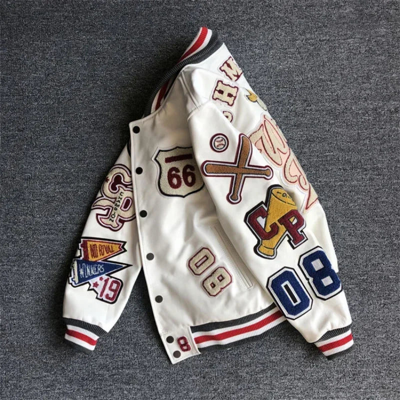 Baseball uniform Y2K men's spring and autumn retro trend leather jacket ins heavy industry embroidery white short coat hot sale