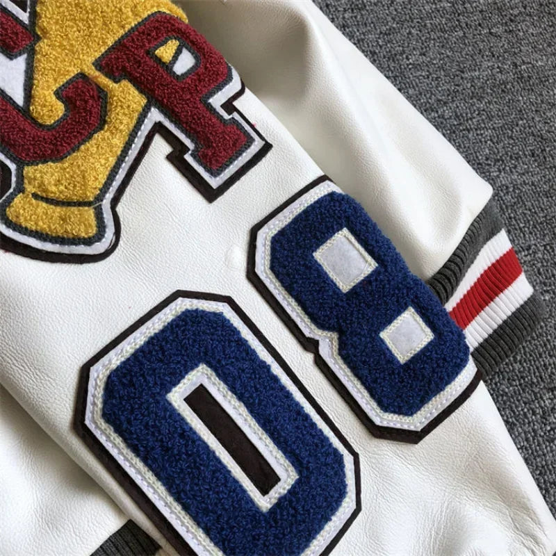 Baseball uniform Y2K men's spring and autumn retro trend leather jacket ins heavy industry embroidery white short coat hot sale