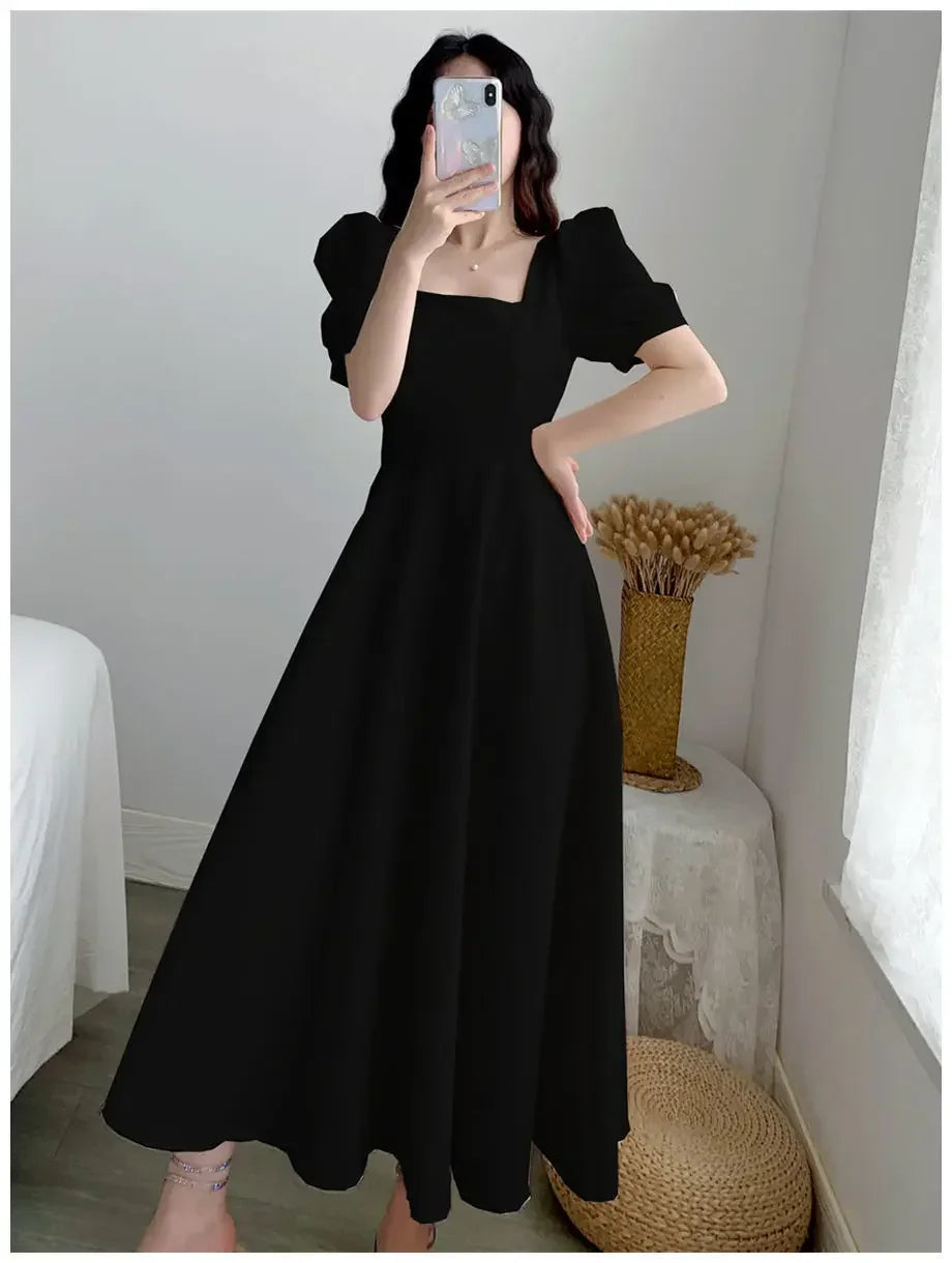 Slim Fit Women White Dress Bubble Sleeve Square Neck Light Wind Style Long Skirt Summer Casual Korean Style dresses for women