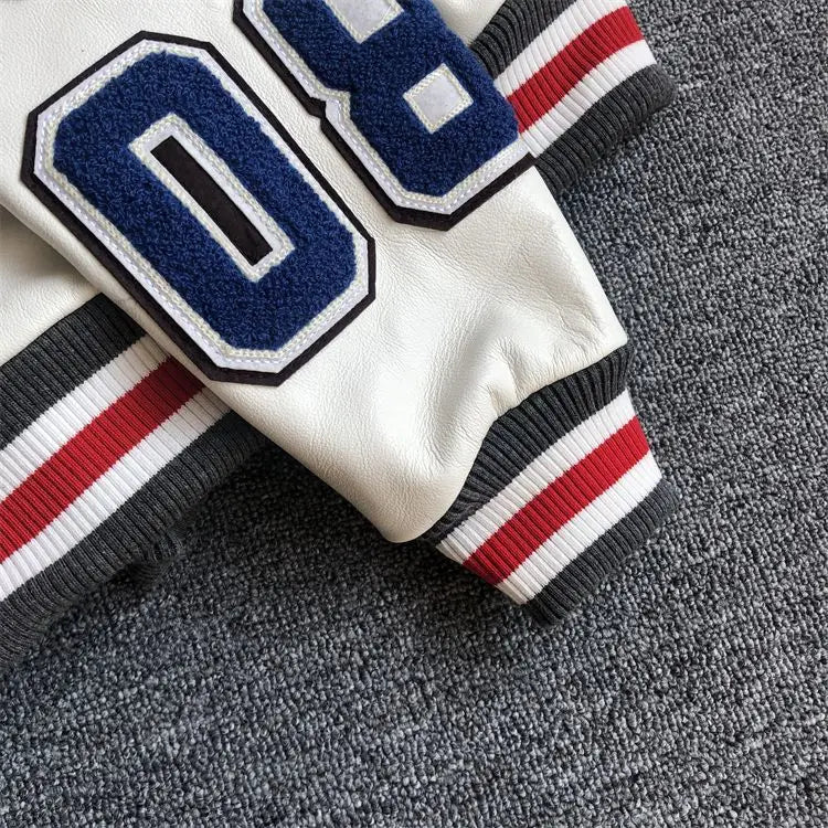 Baseball uniform Y2K men's spring and autumn retro trend leather jacket ins heavy industry embroidery white short coat hot sale