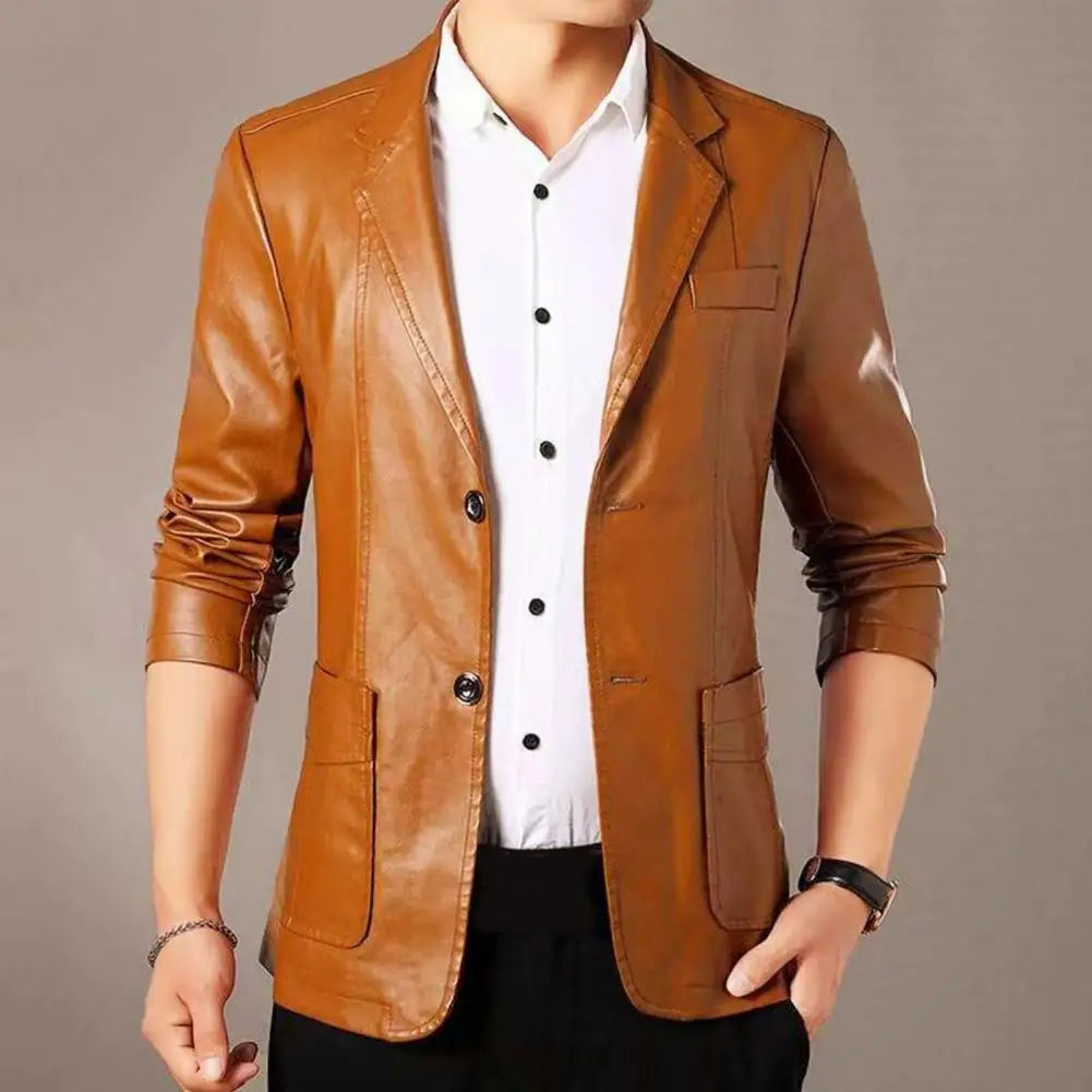 Men Jacket with Button Decoration Long-lasting Wear Men Jacket Stylish Lapel Collar Men's Leather Jacket