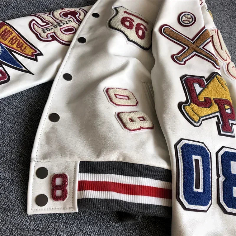 Baseball uniform Y2K men's spring and autumn retro trend leather jacket ins heavy industry embroidery white short coat hot sale