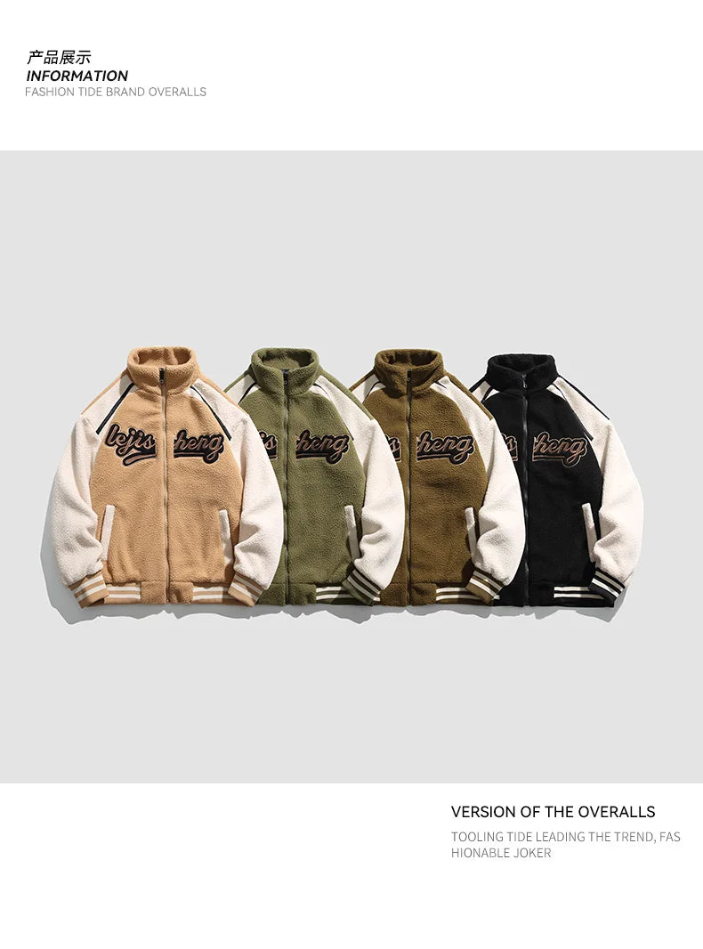 Unisex Lamb Wool Cargo Coat Men Women Cashmere Fleece Baseball Jacket Teen Couple Warm Clothing 2024 Boy Girls Varsity Techwear
