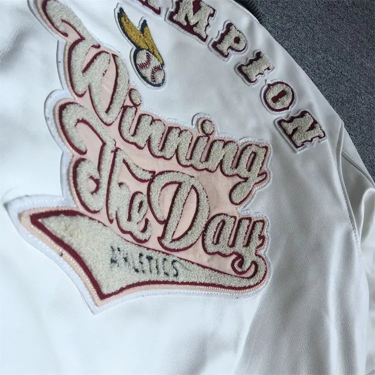 Baseball uniform Y2K men's spring and autumn retro trend leather jacket ins heavy industry embroidery white short coat hot sale