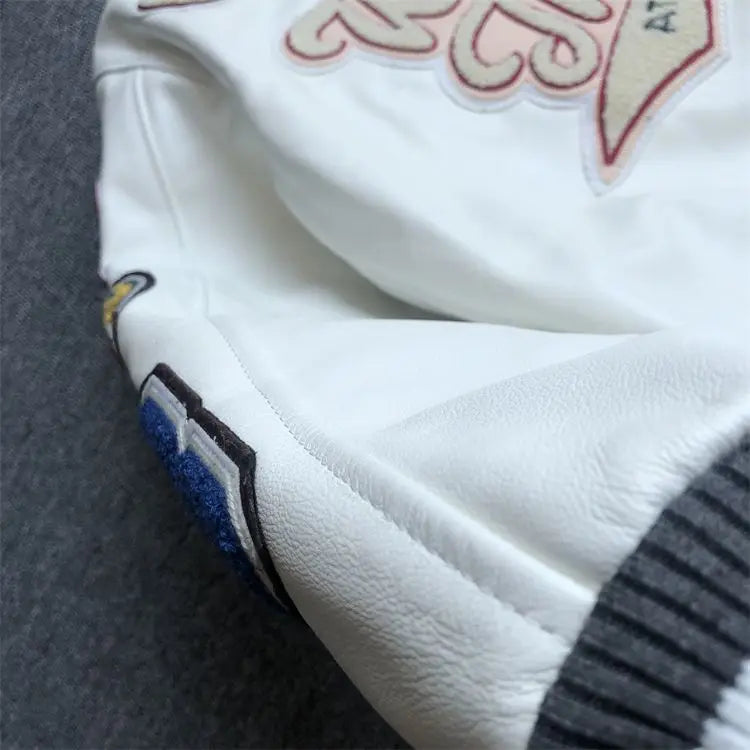 Baseball uniform Y2K men's spring and autumn retro trend leather jacket ins heavy industry embroidery white short coat hot sale