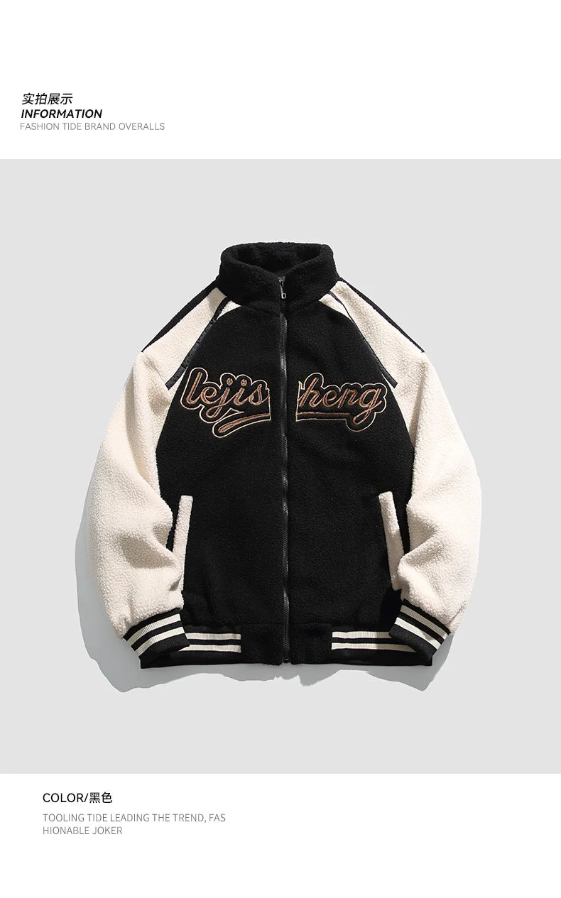 Unisex Lamb Wool Cargo Coat Men Women Cashmere Fleece Baseball Jacket Teen Couple Warm Clothing 2024 Boy Girls Varsity Techwear