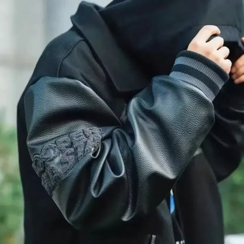 Y2K Retro Trend Leather Jacket Heavy Industry Embroidery Black Short Coats Ins Hot Sale New Men's Baseball Uniform Spring Autumn