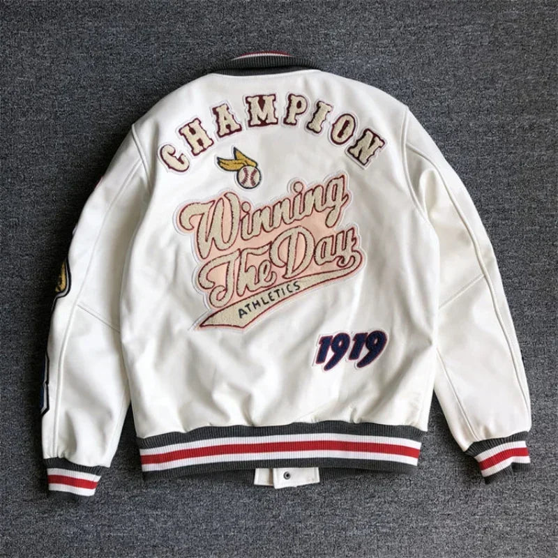 Baseball uniform Y2K men's spring and autumn retro trend leather jacket ins heavy industry embroidery white short coat hot sale