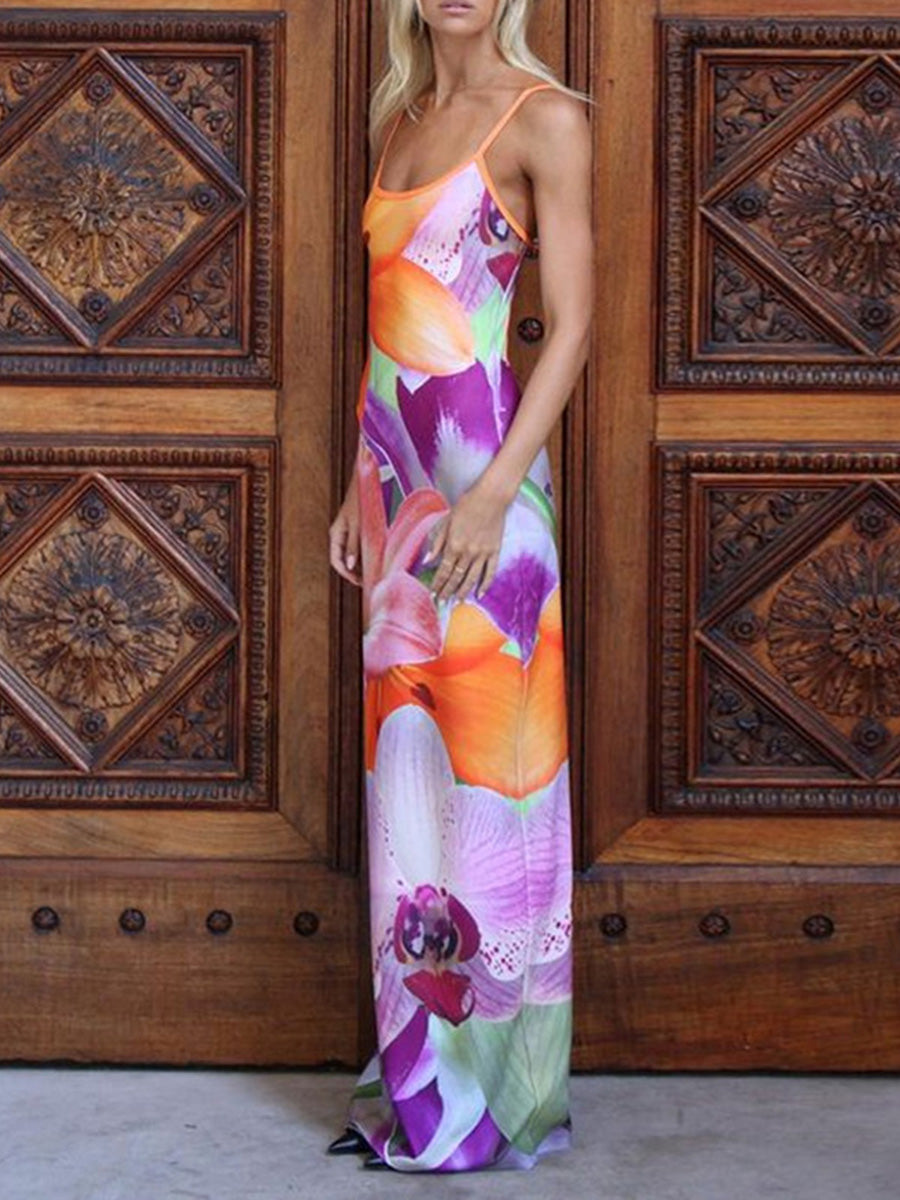 Women Floral Slip Long Dress Spaghetti Strap Flower Print Cami Maxi Dress Y2k Backless Bodycon Boho Sundress
