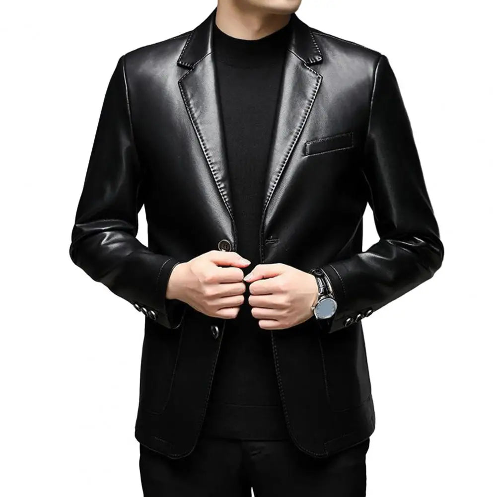 Men Jacket with Button Decoration Long-lasting Wear Men Jacket Stylish Lapel Collar Men's Leather Jacket