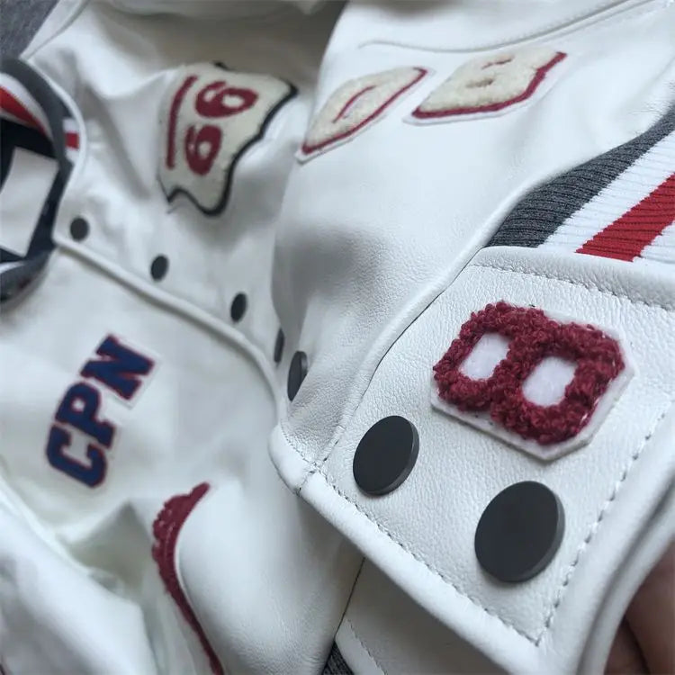 Baseball uniform Y2K men's spring and autumn retro trend leather jacket ins heavy industry embroidery white short coat hot sale