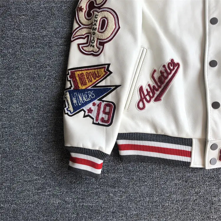 Baseball uniform Y2K men's spring and autumn retro trend leather jacket ins heavy industry embroidery white short coat hot sale
