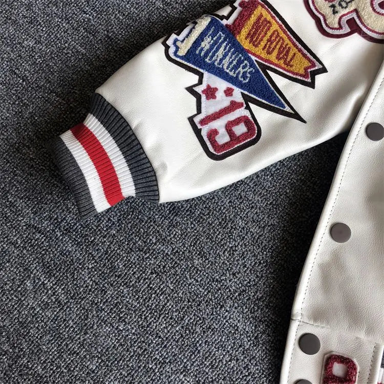 Baseball uniform Y2K men's spring and autumn retro trend leather jacket ins heavy industry embroidery white short coat hot sale