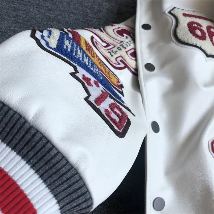 Baseball uniform Y2K men's spring and autumn retro trend leather jacket ins heavy industry embroidery white short coat hot sale