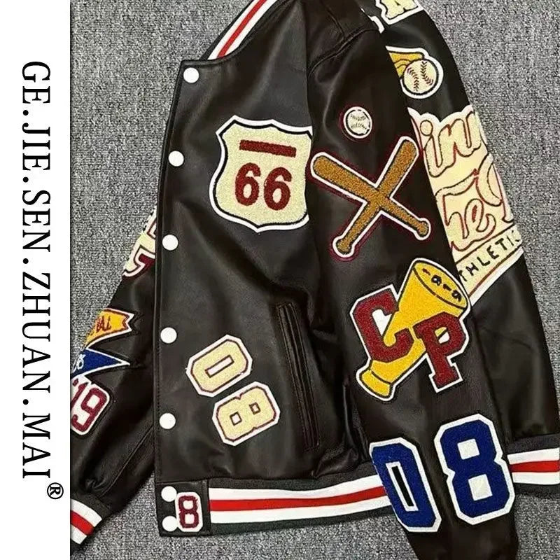 Baseball uniform Y2K men's spring and autumn retro trend leather jacket ins heavy industry embroidery white short coat hot sale