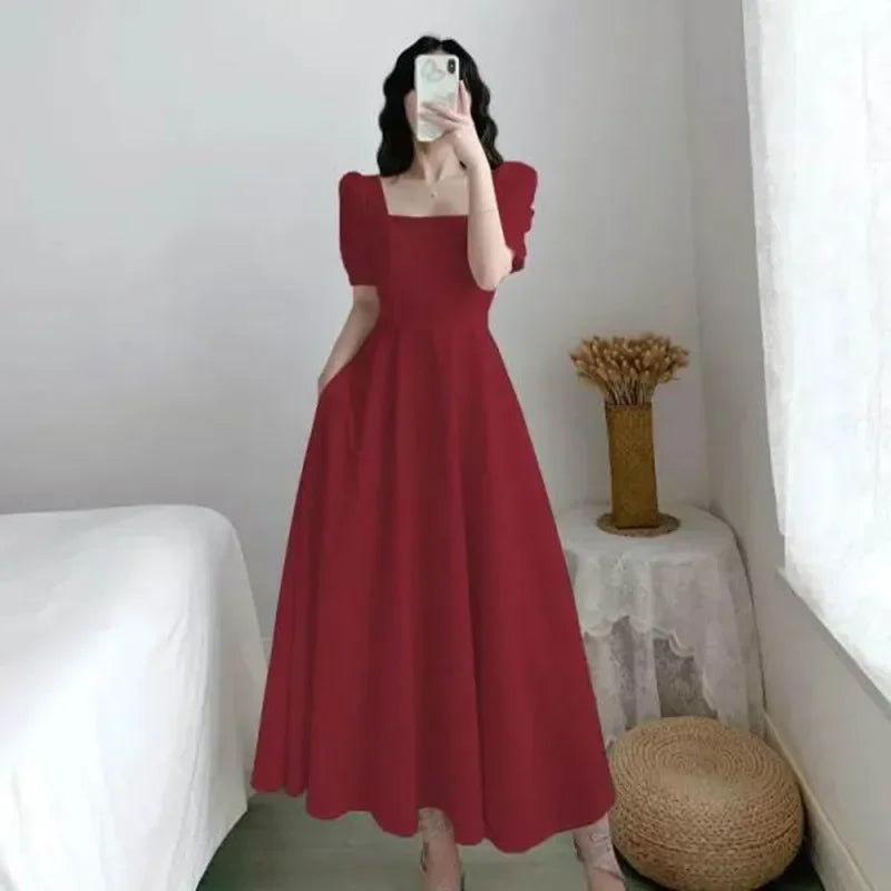 Slim Fit Women White Dress Bubble Sleeve Square Neck Light Wind Style Long Skirt Summer Casual Korean Style dresses for women