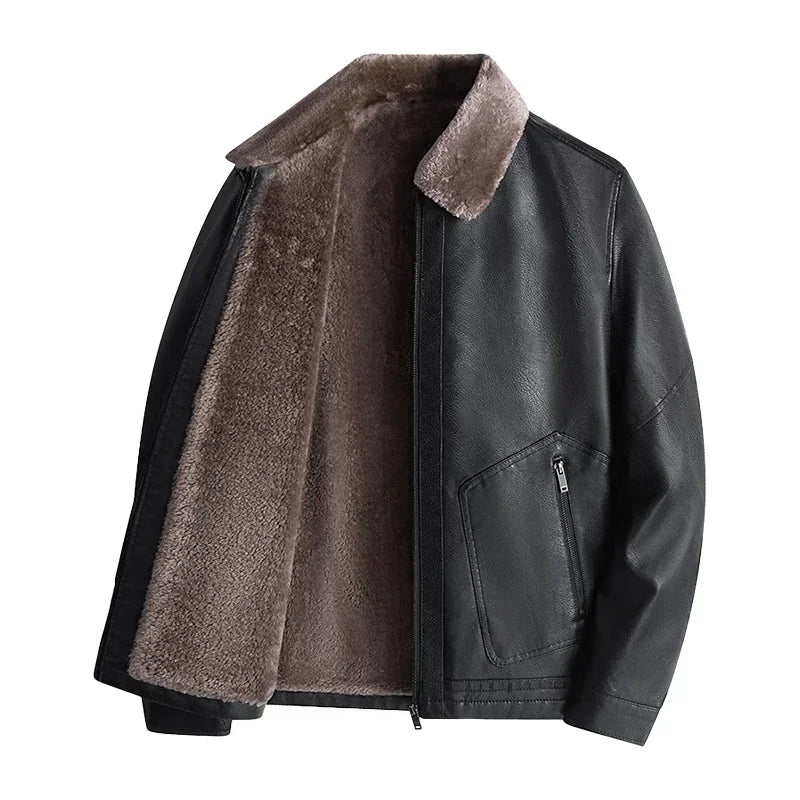 Chaqueta de cuero de negocios informal para hombre, abrigo de motociclista de polar grueso y cálido