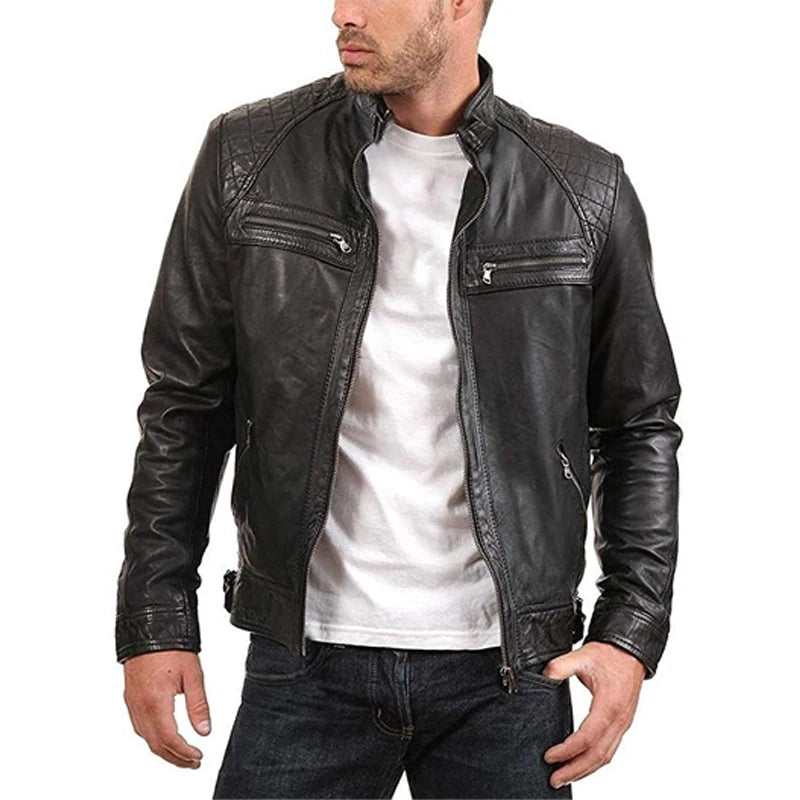 Chaqueta de cuero retro para hombre, chaqueta de motociclista con cuello alto, abrigo entallado con múltiples bolsillos, ropa de abrigo para otoño e invierno