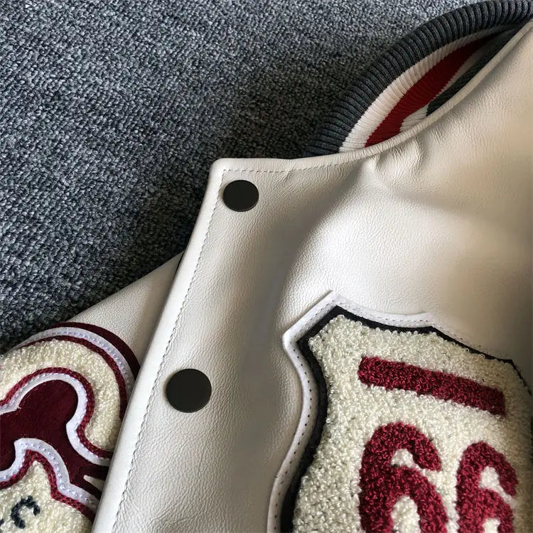 Baseball uniform Y2K men's spring and autumn retro trend leather jacket ins heavy industry embroidery white short coat hot sale