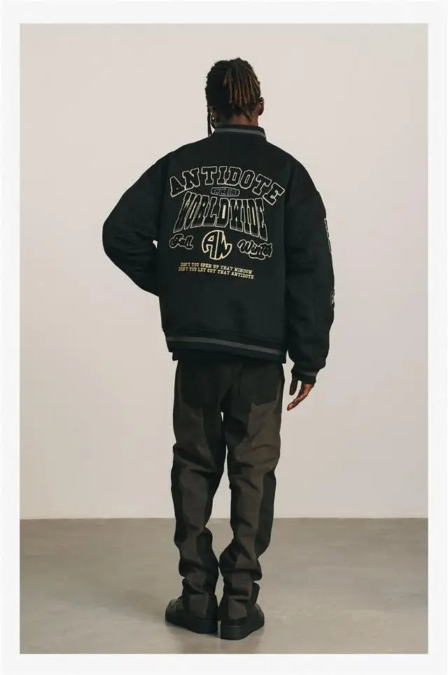 Mens Baseball Jacket Flocked Embroidery Stand Vintage Bomber Jackets High Street Loose Coat Couple Streetwear Spring Autumn New