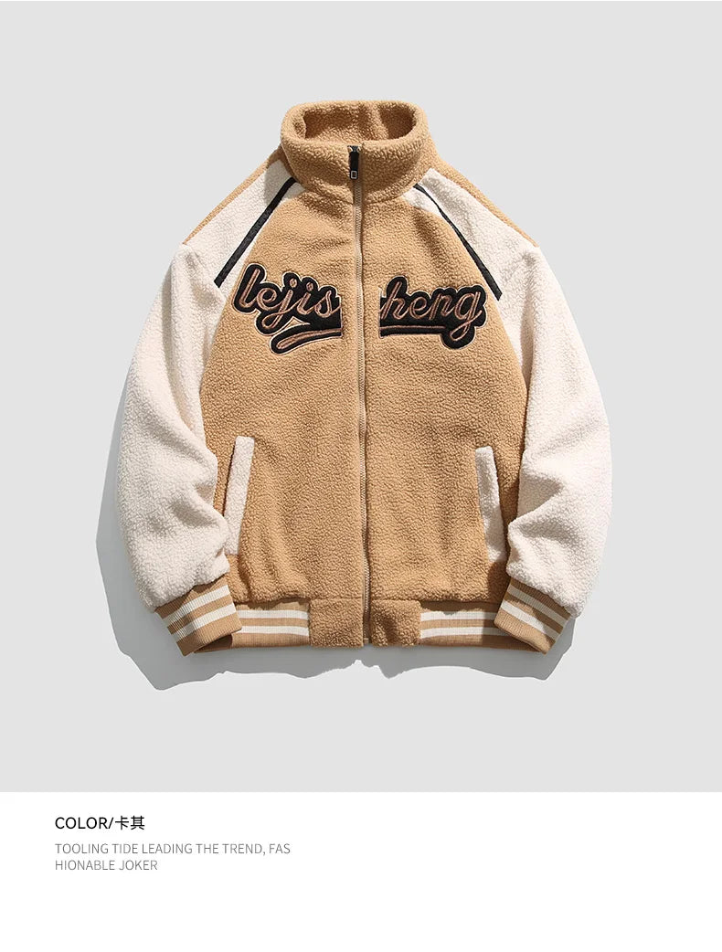 Unisex Lamb Wool Cargo Coat Men Women Cashmere Fleece Baseball Jacket Teen Couple Warm Clothing 2024 Boy Girls Varsity Techwear