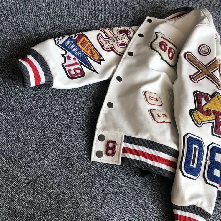 Baseball uniform Y2K men's spring and autumn retro trend leather jacket ins heavy industry embroidery white short coat hot sale