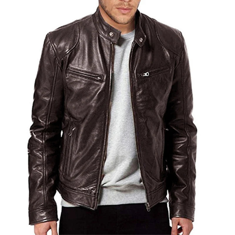 Chaqueta de cuero retro para hombre, chaqueta de motociclista con cuello alto, abrigo entallado con múltiples bolsillos, ropa de abrigo para otoño e invierno