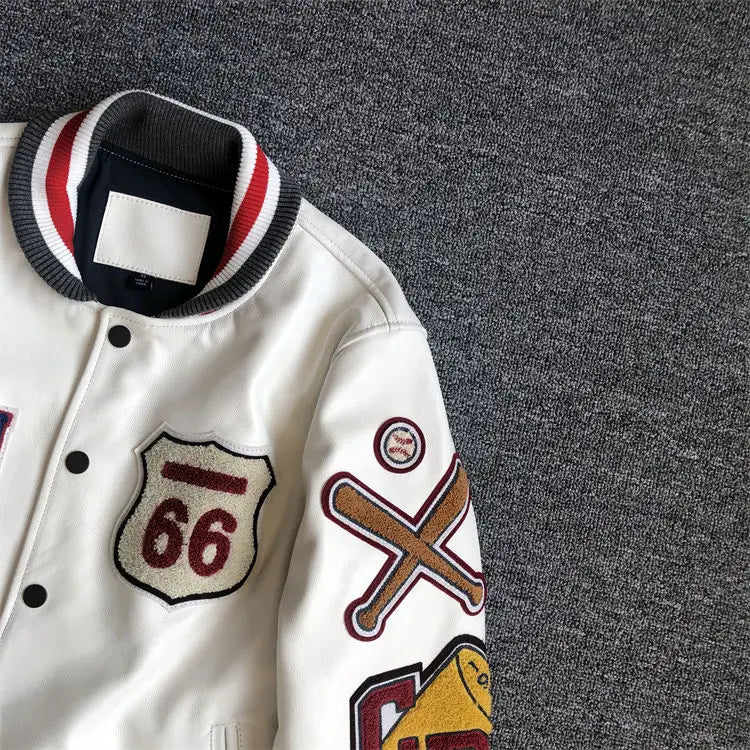 Baseball uniform Y2K men's spring and autumn retro trend leather jacket ins heavy industry embroidery white short coat hot sale