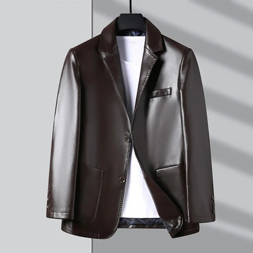 Men Jacket with Button Decoration Long-lasting Wear Men Jacket Stylish Lapel Collar Men's Leather Jacket