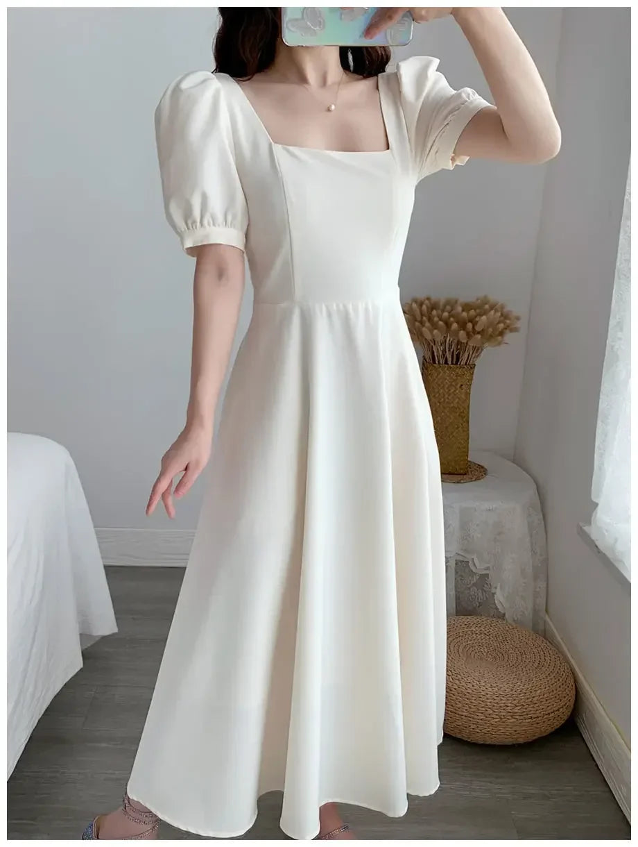 Slim Fit Women White Dress Bubble Sleeve Square Neck Light Wind Style Long Skirt Summer Casual Korean Style dresses for women