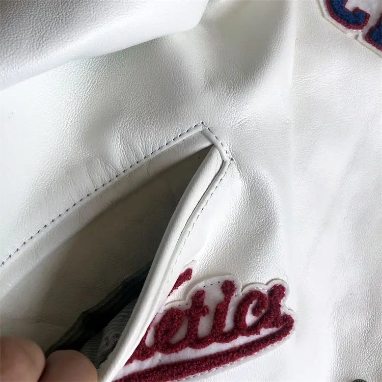 Baseball uniform Y2K men's spring and autumn retro trend leather jacket ins heavy industry embroidery white short coat hot sale