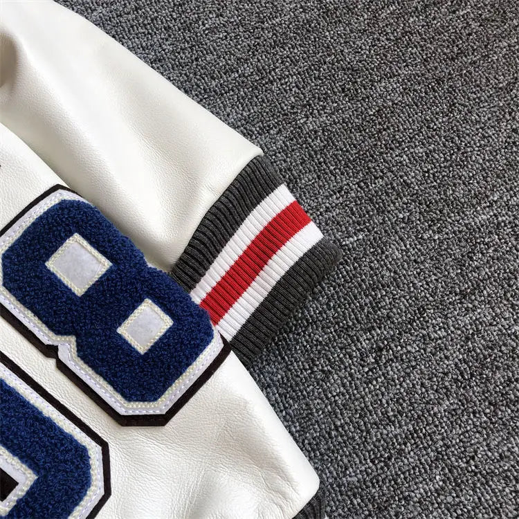 Baseball uniform Y2K men's spring and autumn retro trend leather jacket ins heavy industry embroidery white short coat hot sale