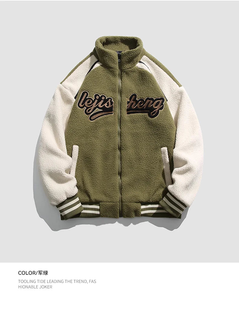 Unisex Lamb Wool Cargo Coat Men Women Cashmere Fleece Baseball Jacket Teen Couple Warm Clothing 2024 Boy Girls Varsity Techwear