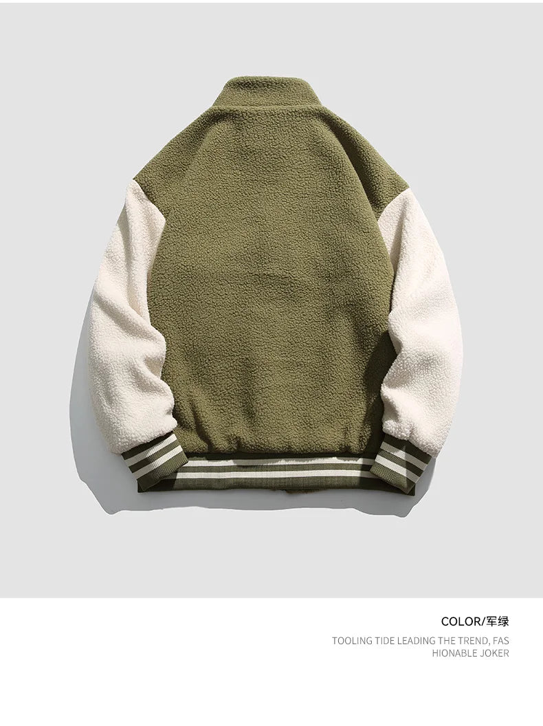 Unisex Lamb Wool Cargo Coat Men Women Cashmere Fleece Baseball Jacket Teen Couple Warm Clothing 2024 Boy Girls Varsity Techwear
