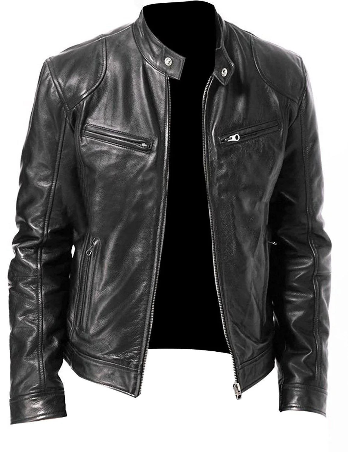 Chaqueta de cuero retro para hombre, chaqueta de motociclista con cuello alto, abrigo entallado con múltiples bolsillos, ropa de abrigo para otoño e invierno
