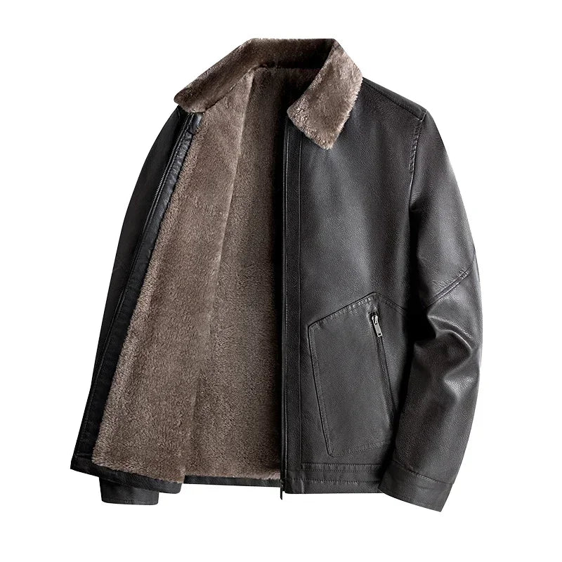 Chaqueta de cuero de negocios informal para hombre, abrigo de motociclista de polar grueso y cálido