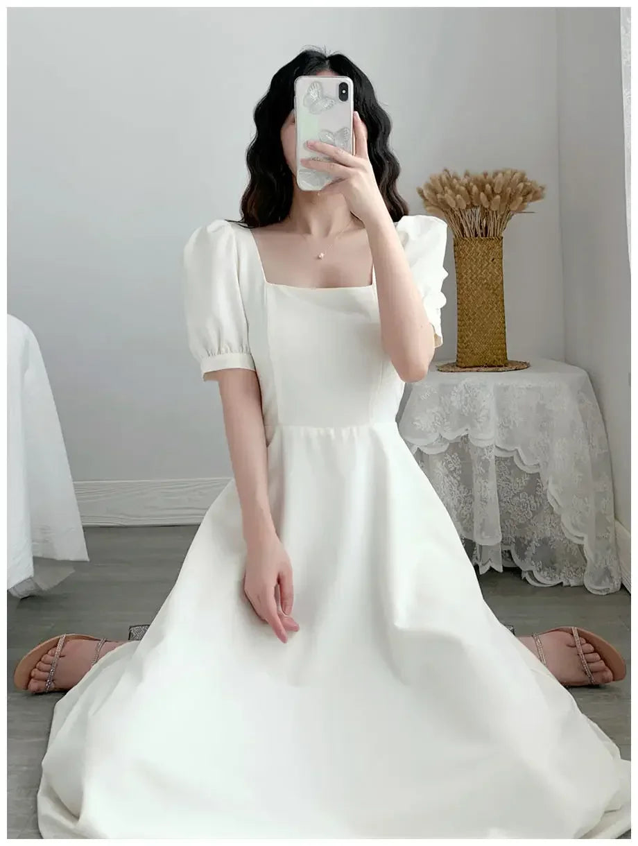 Slim Fit Women White Dress Bubble Sleeve Square Neck Light Wind Style Long Skirt Summer Casual Korean Style dresses for women