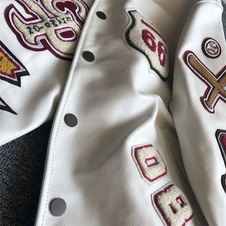 Baseball uniform Y2K men's spring and autumn retro trend leather jacket ins heavy industry embroidery white short coat hot sale