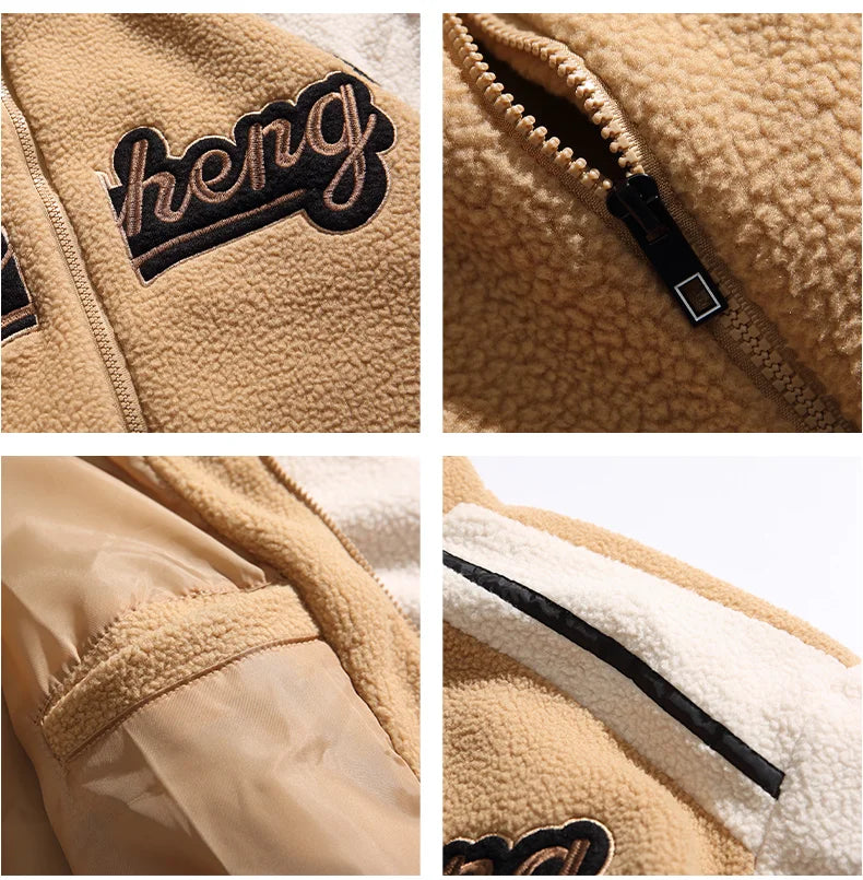Unisex Lamb Wool Cargo Coat Men Women Cashmere Fleece Baseball Jacket Teen Couple Warm Clothing 2024 Boy Girls Varsity Techwear