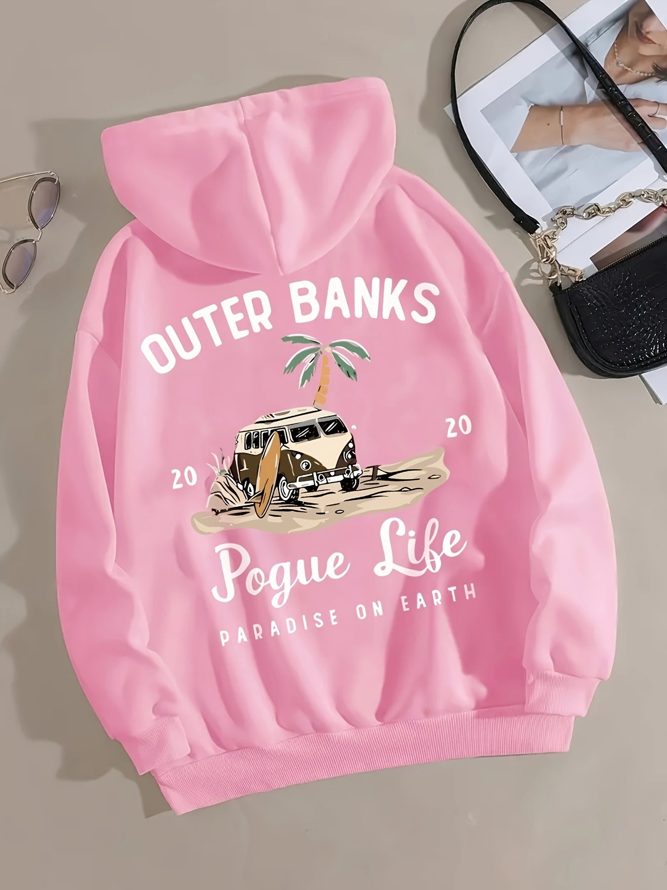 Funny Landscape & Letter Print Kangaroo Pocket Hoodie, Casual Long Sleeve Drawstring Hoodies Sweatshirt for Winter & Autumn, Women's Clothing, Oversized Hoodie
