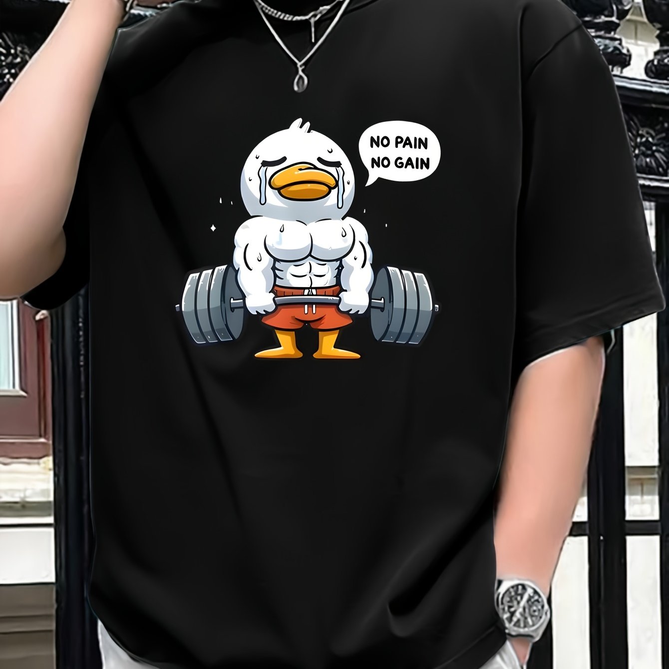 No Pain No Gain" Men's Motivational T-Shirt - Muscular Duck Cartoon Print, 100% Cotton, Short Sleeve, Round Neck, Casual Street Style Tee for Summer & Spring, Oversized T Shirt