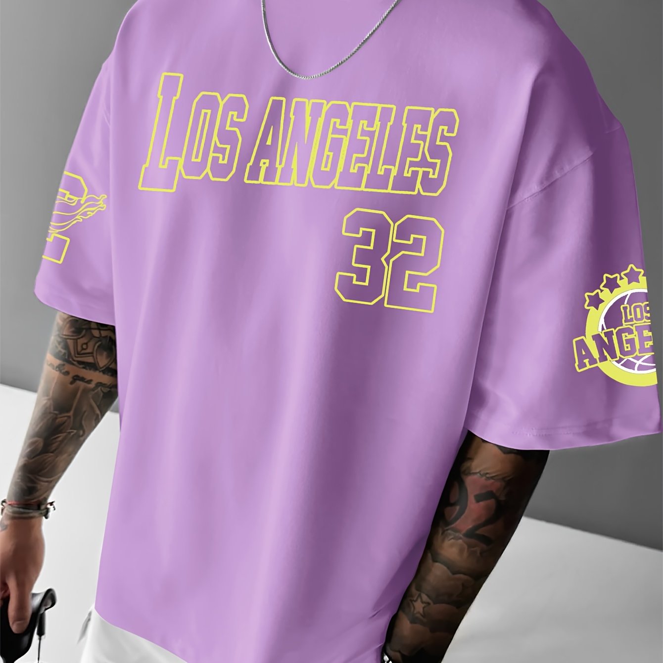 Men'S Fashion Los Angeles Print Casual Loose Crew Neck T-Shirt, 100% Polyester Knit Fabric, Slight Stretch, for Summer Wear