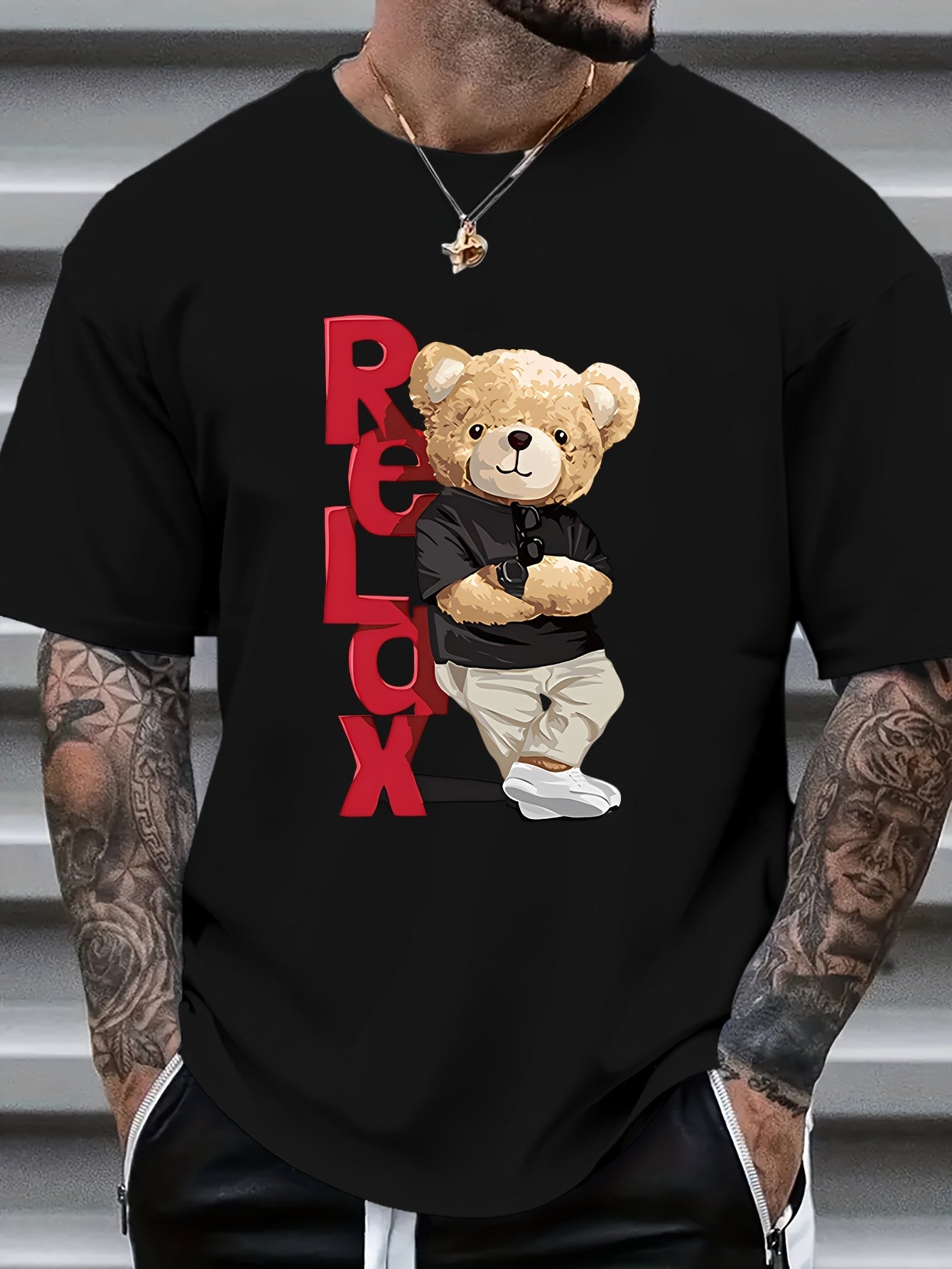 Men's Trendy Bear Print Short Sleeve T-Shirt - Comfortable Polyester Blend, Round Neck, Machine Washable for Summer, Leisure Style, Conventional Version, Summer