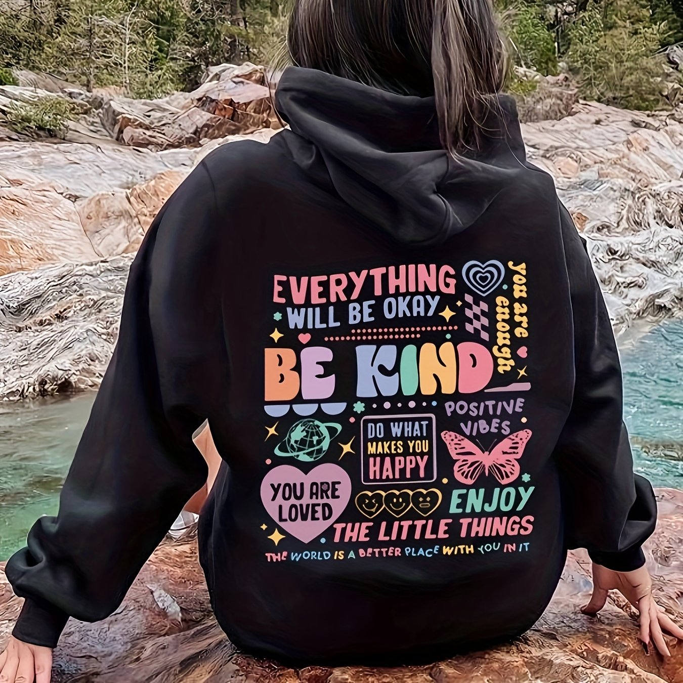 Casual Women's Hooded Sweatshirt with Positive Graphic Messages – 100% Polyester Knit Fabric, Geometric Alphabet Patterns, Front Pocket – Comfortable Casual Fall/Winter Hoodie