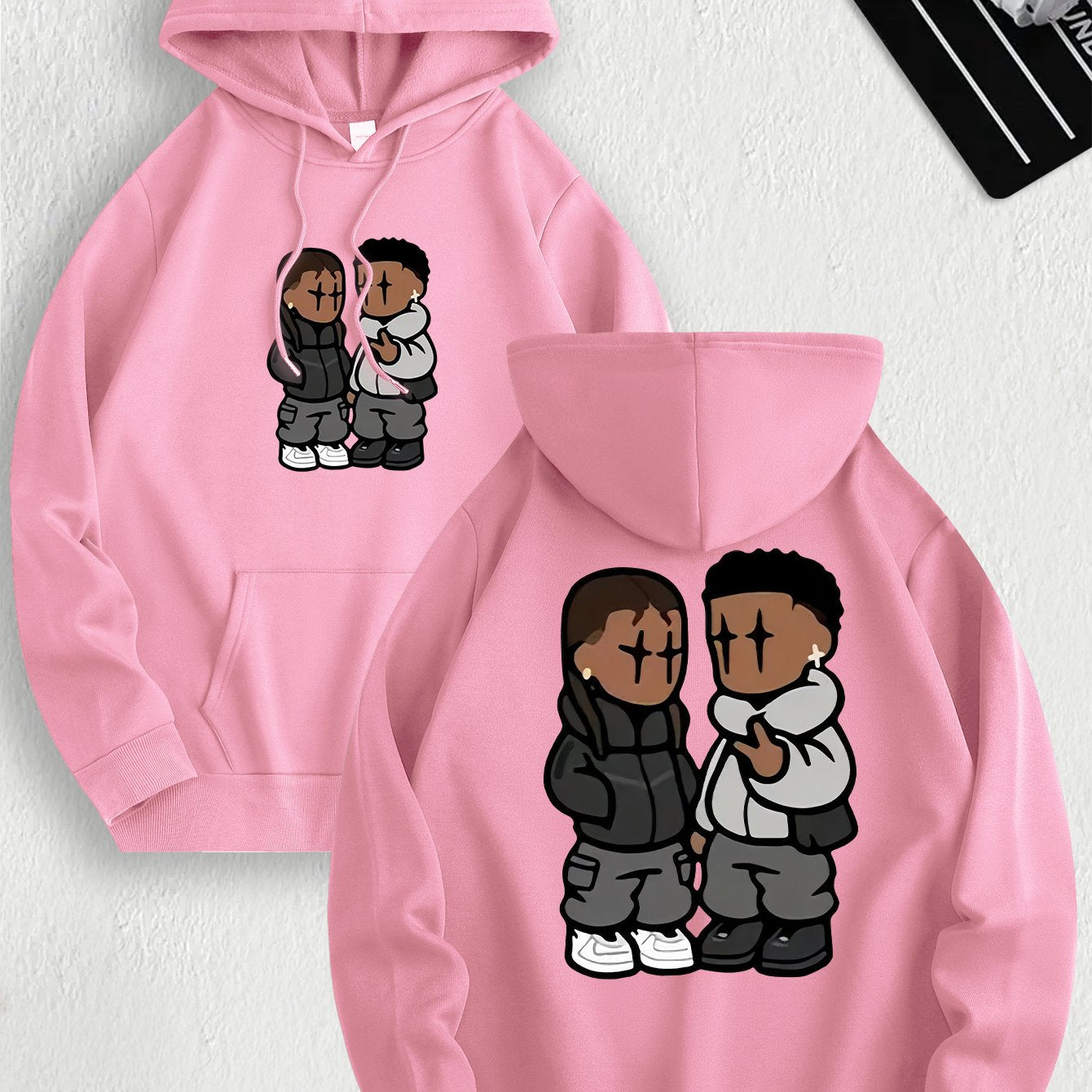Men's Trendy Hoodie with Fleece-Lined Kangaroo Pocket - Casual & Comfortable, Cartoon Print Pullover Sweatshirt, K-pop, Fashion Design, Leisure Style, Conventional Version, ALL/Global/All