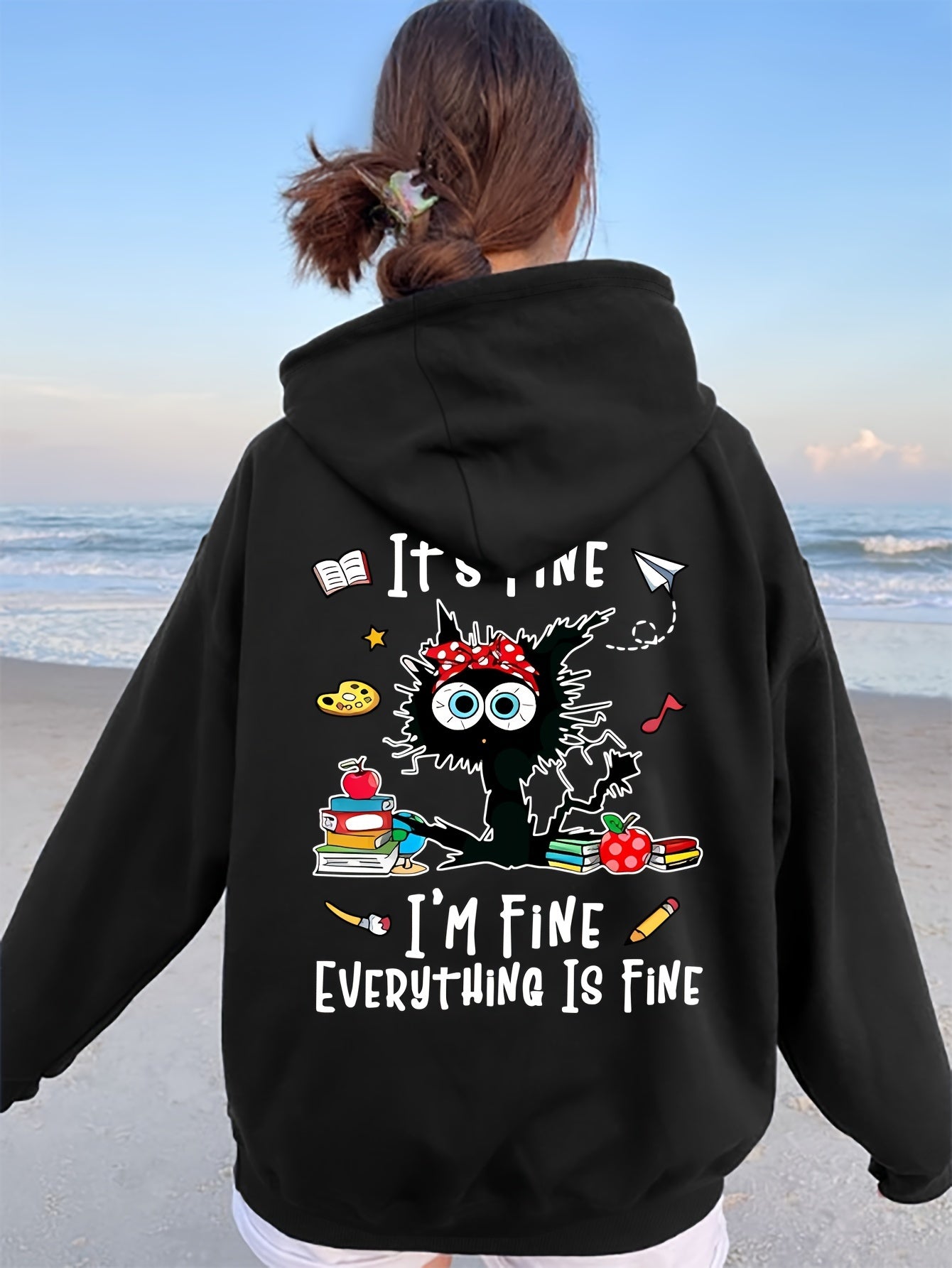 Cozy Cat & Letter Print Hoodie for Women - Casual Pullover with Kangaroo Pocket, Soft Stretch Polyester, Perfect for Fall/Winter